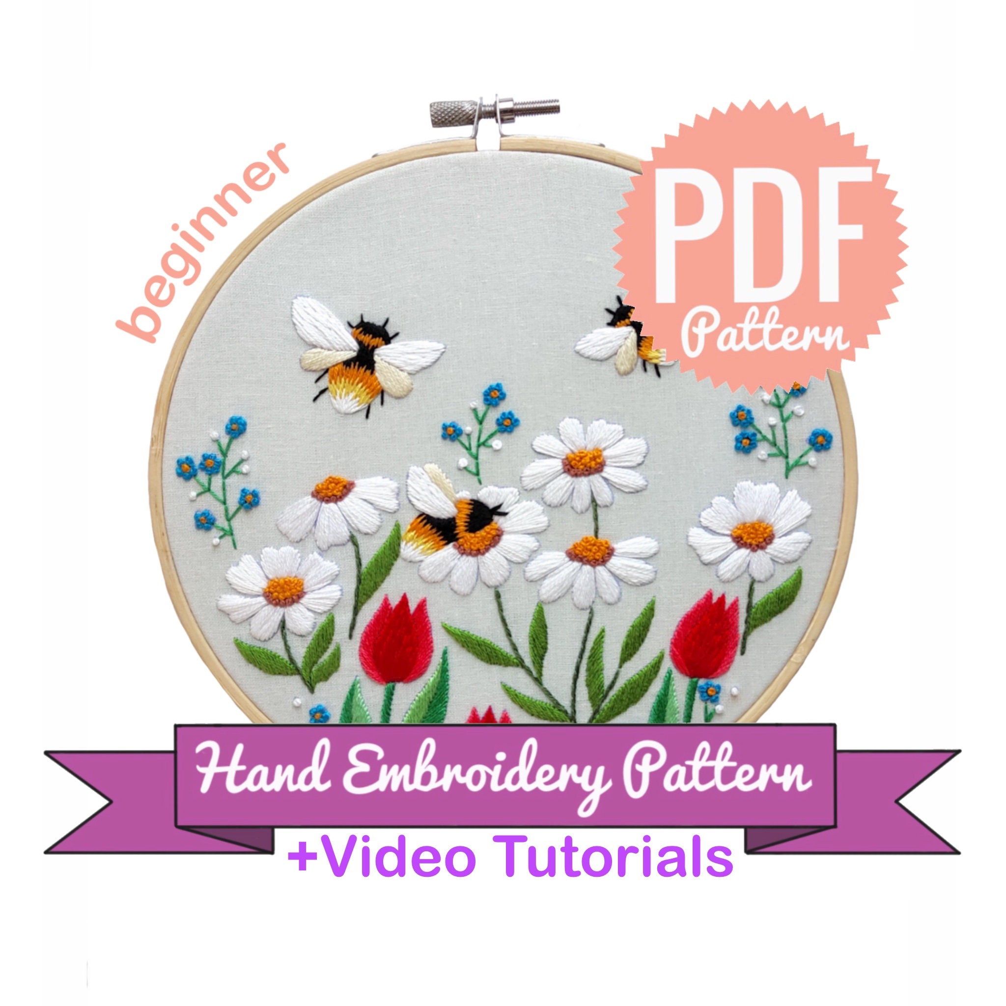 Hand Embroidery Pattern | Busy Bees | Digital Download PDF + Detailed ...