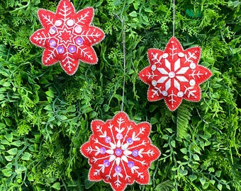 Set von 3 Schneeflocken Weihnachtsornamente | Handstickmuster PDF | Digitaler Download + Video-Tutorial und Anleitung für Anfänger