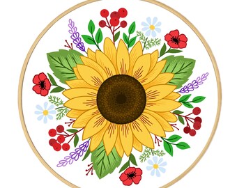 Sunflower and Summer Flowers Hand Embroidery Pattern | Digital Download PDF + Detailed Instructions for Beginners