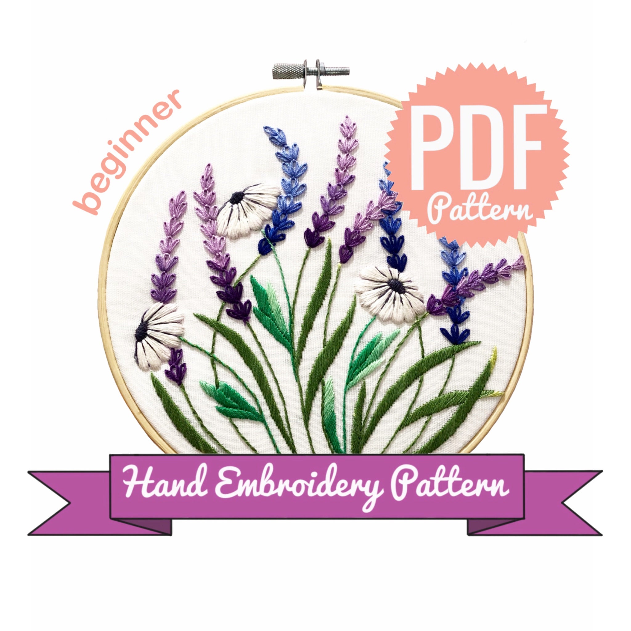 Hand Embroidery Pattern | Lavender and White Daisy | Digital Download ...
