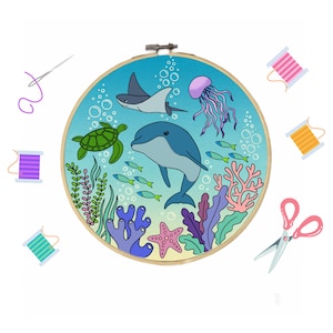 Hand Embroidery Pattern | Under the Water | Sea, Ocean Creatures - Dolphin Corals Turtle Jellyfish Stingray Fish | Digital Download 8&#39; hoop