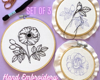 Wild Rose Blackwork Embroidery Pattern | Set of 3 designs for 7', 5' and 4' hoop | Digital Download, PDF + Video Tutorial and Instructions