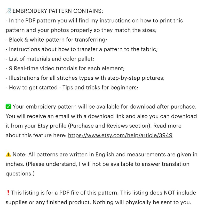 Op de afbeelding: Tekst van een borduurpatroonadvertentie, met details over de inhoud van een PDF-bestand. Bevat instructies, een zwart-wit patroon, video tutorials en tips voor beginners. Het patroon is na aankoop te downloaden. Afmetingen worden in inches weergegeven.