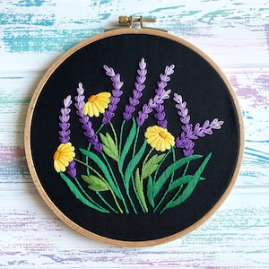 Lavender and Daisy Hand Embroidery Pattern | Black Version | Digital Download PDF | Contains Detailed Tutorials for Beginners