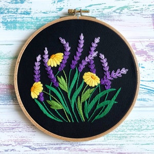 Lavender and Daisy Hand Embroidery Pattern | Black Version | Digital Download PDF | Contains Detailed Tutorials for Beginners