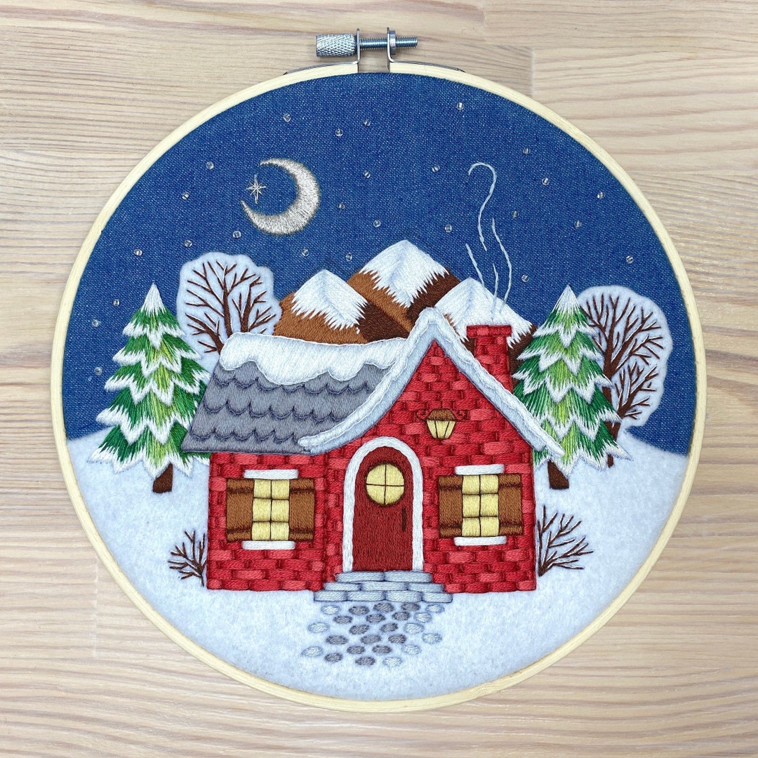 Cozy Winter Cottage Hand Embroidery Pattern PDF Digital Download Video