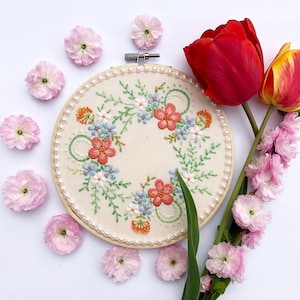 Spring Flower Wreath Hand Embroidery Pattern | Digital Download PDF | Contains Detailed Tutorials for Beginners