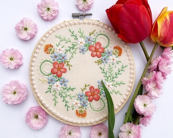 Spring Flower Wreath Hand Embroidery Pattern | Digital Download PDF | Contains Detailed Tutorials for Beginners