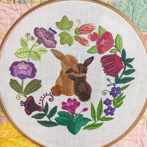 2 Bunnies in Fairy Floral Wreath Hand Embroidery Pattern | Digital Download PDF + Detailed Instructions and Ilustrations for Beginners