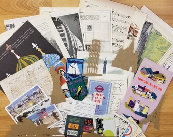 Travel Ephemera Pack: Vintage Maps, Postcards, Patches (35 Pieces)