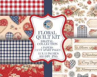 Floral Quilt Digital Collection – 12x12 Digital Papers + Ephemera