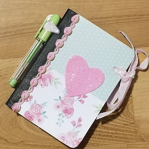 Valentine Gift/ Altered Mini Composition Notebook/Pink Floral and Mint Dots/Teacher Gift/Gift for Her/Valentine&#39;s Day