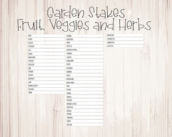 Könnte beinhalten: Eine druckbare Gartenpfähle-Liste für Obst, Gemüse und Kräuter. Die Liste ist in drei Spalten unterteilt: Obst, Gemüse und Kräuter. Die Liste enthält gängige Gartenpflanzen wie Beeren, Karotten und Basilikum.