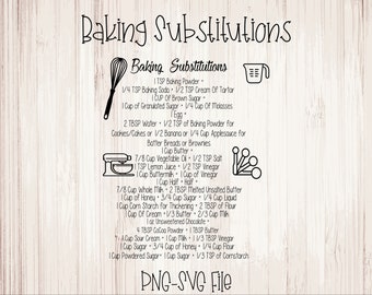May include: Black and white printable baking substitutions chart with a whisk, measuring cup, and mixing bowl icons. The chart lists common baking ingredient substitutions, such as using applesauce for butter, buttermilk for milk, and honey for sugar.