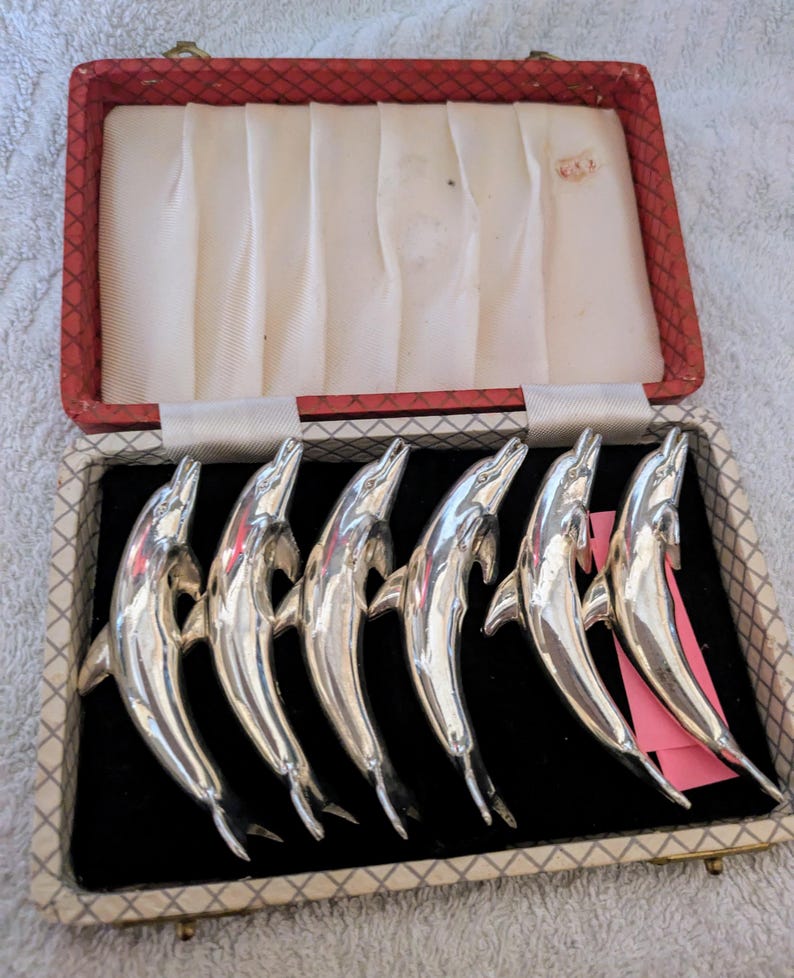 Set Of 6 Vintage Silver Plated Dolphin Table Place Card Holders