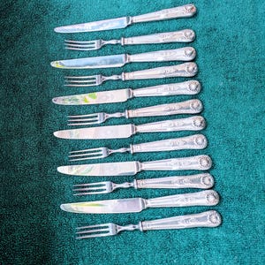Op de afbeelding: Een set van twaalf zilveren vorken en messen met sierlijke handvatten. De bestekdelen zijn in een rij op een groene handdoek gelegd.