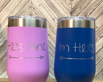 Valentine&#39;s Day Custom pink and blue stemless wine tumbler - I&#39;m hers Hes&#39;s mine - 16oz  - insulated tumbler - set of 2- couples tumblers