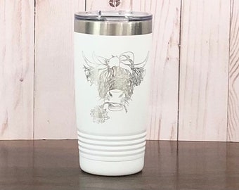 Longhorn cow with bow insulated travel coffee cup, farm life mug, ranch life tumbler, farmgirl gift, pretty girl cow engraved, farmhouse