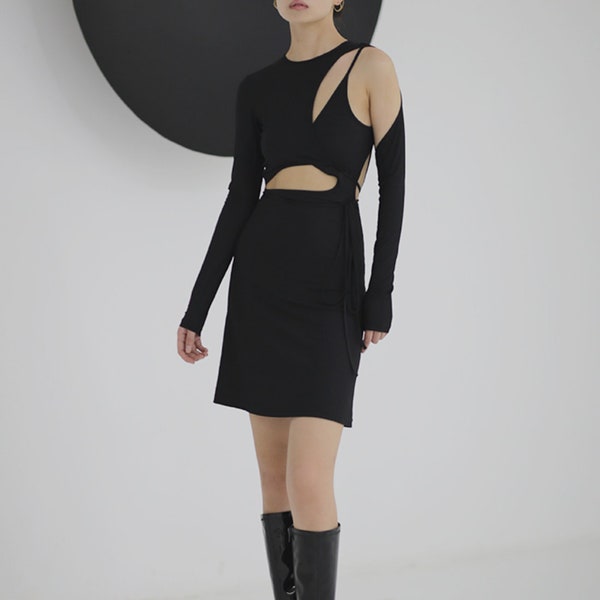 Cut Out Dress in Black | Mini Summer Short | Deconstructed Minimal Soft Grunge | Goth Party Vintage | Runway Designer Womens Asymmetric