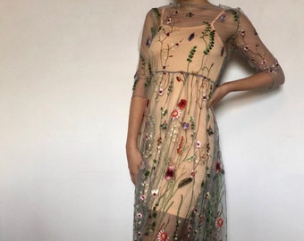 Embroidered Dress | Floral Tulle Dress | Vintage Boho Dress | Maxi Wedding Dress | Festival Hippie Bohemian | 1970s - 1960s Style Embroidery