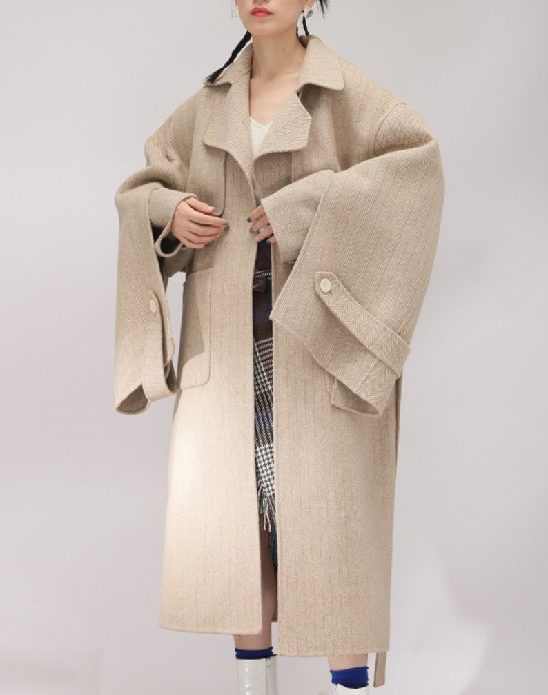 Wool Coat Short Jacket Camel Beige Grey Cape Fall Winter Avant Garde Cropped Striped Crop Bomber Boho Minimalist Runway Womens image 4