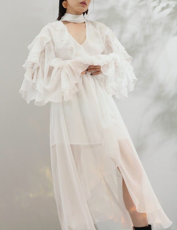 white sheer ruffle dress