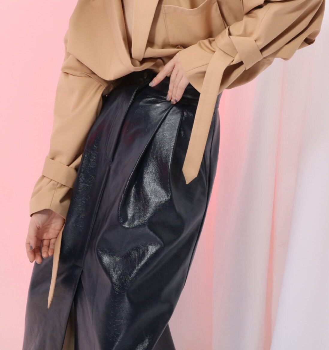 Image of Faux Leather Skirt | Shiny Split Maxi High Waist Vegan Pu Imitation Summer Party Mod Long Runway Womens Vintage Style