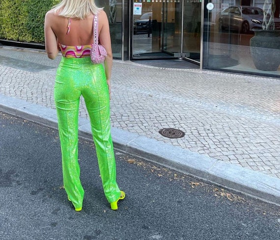 Shimmer Pants Reflective Pants Glitter Holographic Trousers High Rise Waist  in Green Orange Silver Rave Club Sequin Festival Party -  Canada