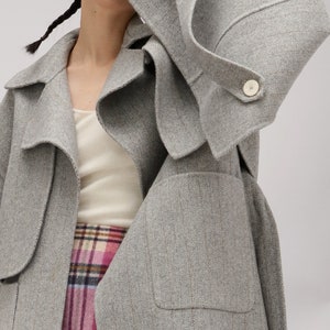 Wool Coat Short Jacket Camel Beige Grey Cape Fall Winter Avant Garde Cropped Striped Crop Bomber Boho Minimalist Runway Womens image 6