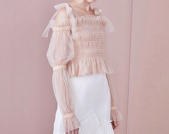 Tüll Organza Rüschen Bluse | Schiere Off Schulter Top