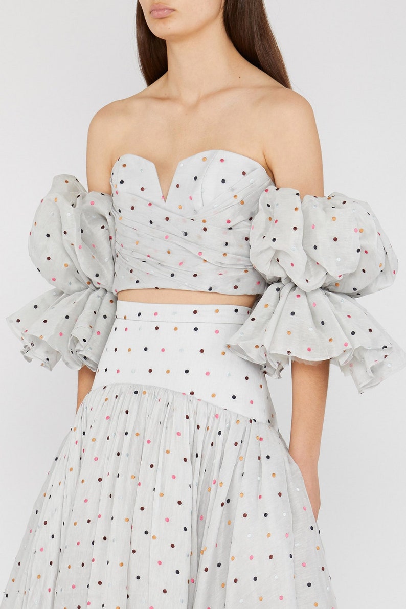 Polka Dot Button Front Ruffle Trim Peplum Top & Skirt Set