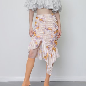 Floral Skirt | Ruffle Midi Skirt | Frill Flower | Ruched Irregular Ruffled Asymmetric | Summer Party | Festival Frilly Fishtail Mermaid