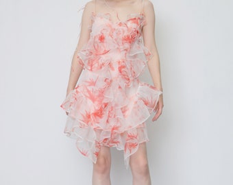 Mini Dress | Tulle Summer Dress | Ruffle Sheer Slip Organza | Boho Festival Ruffled Womens Party | Floral Pink White | Frill Sleeveless