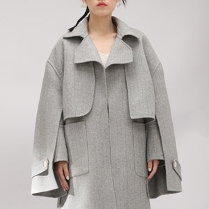 Wool Coat Short Jacket Camel Beige Grey Cape Fall Winter Avant Garde Cropped Striped Crop Bomber Boho Minimalist Runway Womens image 7