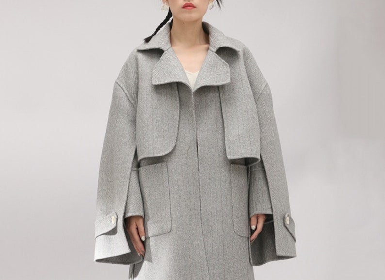 Wool Coat Short Jacket Camel Beige Grey Cape Fall Winter Avant Garde Cropped Striped Crop Bomber Boho Minimalist Runway Womens image 7