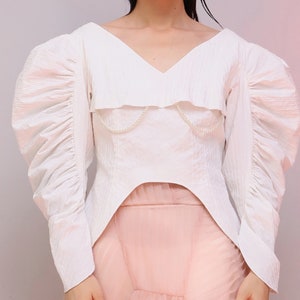 White Blouse with Puffy Sleeves Vintage Style Romantic Crop Top Shirt Puffed 70s 1970s Cotton Avant Garde Frill Ruffled Womens Party image 2
