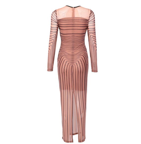 Optical Illusion Dress Sheer Mesh Gown Jean Paul Gaultier Inspired Womens  Long Maxi Printed Graphic Nude Beige Sexy Cocktail Party 