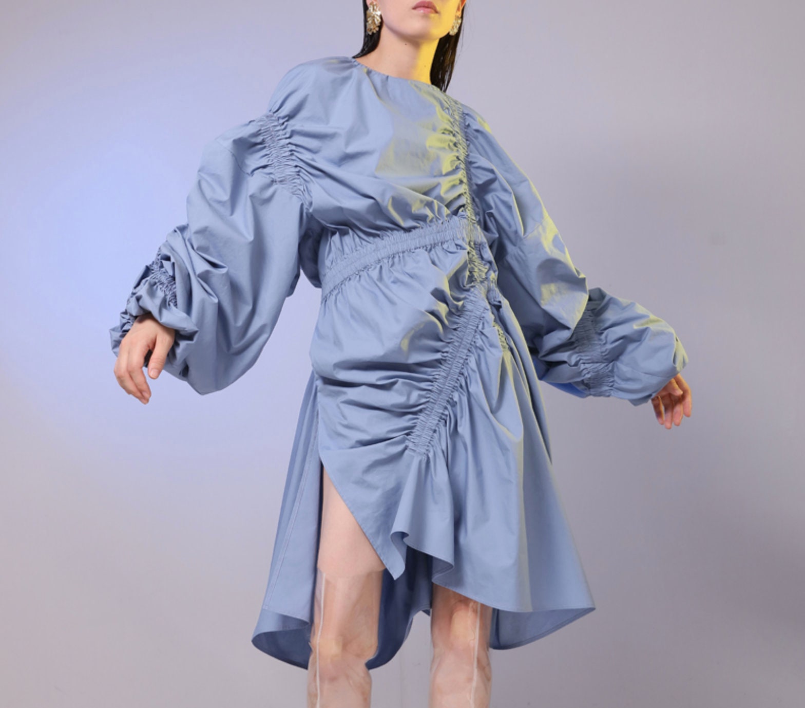 Image of Ruched Dress in Blue | Oversized Asymmetric Puff Vintage Loose Cotton Avant Garde Midi Oversize Elasticated Summer Minimal Tunic Womens