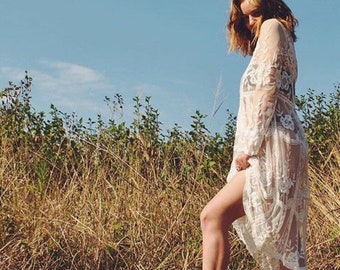 Minivestido de crochet blanco / Encaje de algodón estilo años 70, tallas S-M