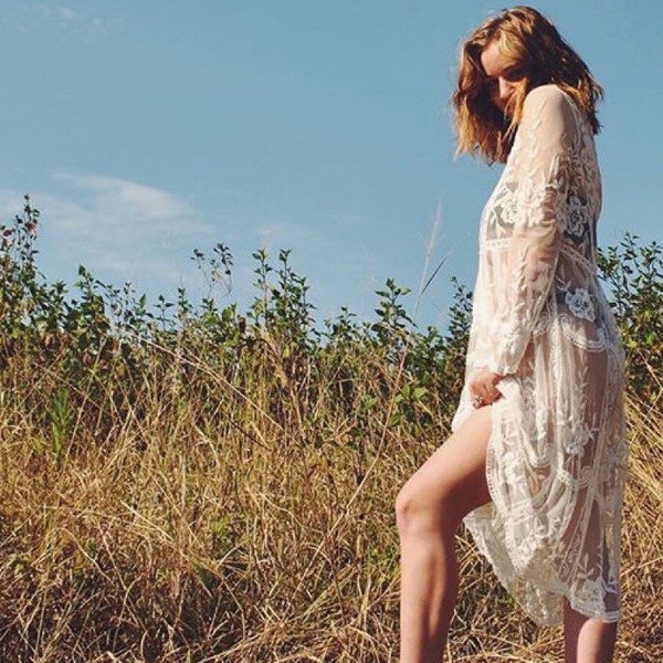 Minivestido de crochet blanco / Encaje de algodón estilo años 70, tallas S-M