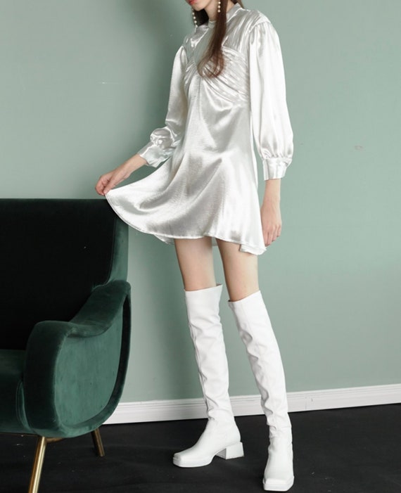 satin dress thigh high boots Jennifer Satin Ruched Dress (Copper)