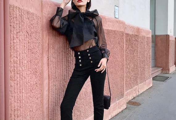 Sheer blouse with bow hotsell