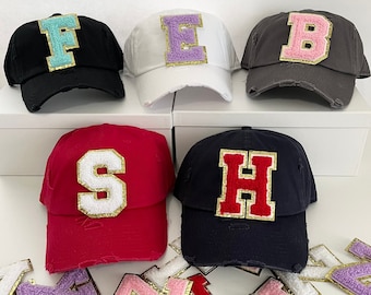 Adult Vintage Letter Patch Hat, chenille letters, womens baseball cap, custom, personalized, initials, ball hat, mommy and me, distressed