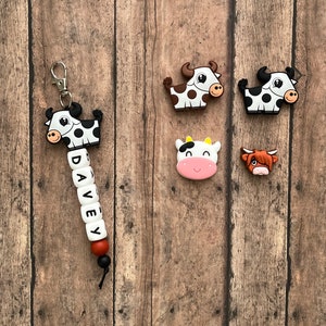 Cow Custom Name Tag Keychain, zipper charm, name tag, gift, personalize, birthday, cow, highland, country, western, farmer, cowboy, cowgirl