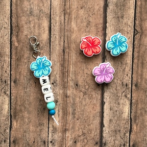 Hibiscus Custom Name Tag Keychain, zipper charm, name tag, gift, personalize, birthday, tropical flower, Hawaii, aloha, flower, beach, vacay