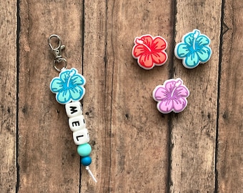 Hibiscus Custom Name Tag Keychain, zipper charm, name tag, gift, personalize, birthday, tropical flower, Hawaii, aloha, flower, beach, vacay