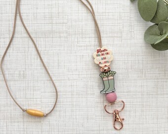 Bloom Where You Are Planted Lanyard, teacher gift, badge ID holder, office, student id, school ID, rainboots, spring, rain, bloom, flowers