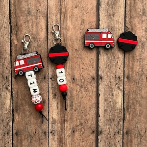 Fire Engine Custom Name Tag Keychain, zipper charm, name tag, gift, personalize, birthday, firefighter, hero, truck, fireman, badge, FD,dept