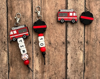 Fire Engine Custom Name Tag Keychain, zipper charm, name tag, gift, personalize, birthday, firefighter, hero, truck, fireman, badge, FD,dept