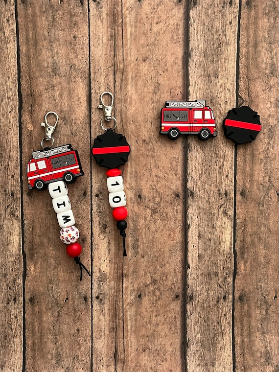 Fire Engine Custom Name Tag Keychain, zipper charm, name tag, gift, personalize, birthday, firefighter, hero, truck, fireman, badge, FD,dept